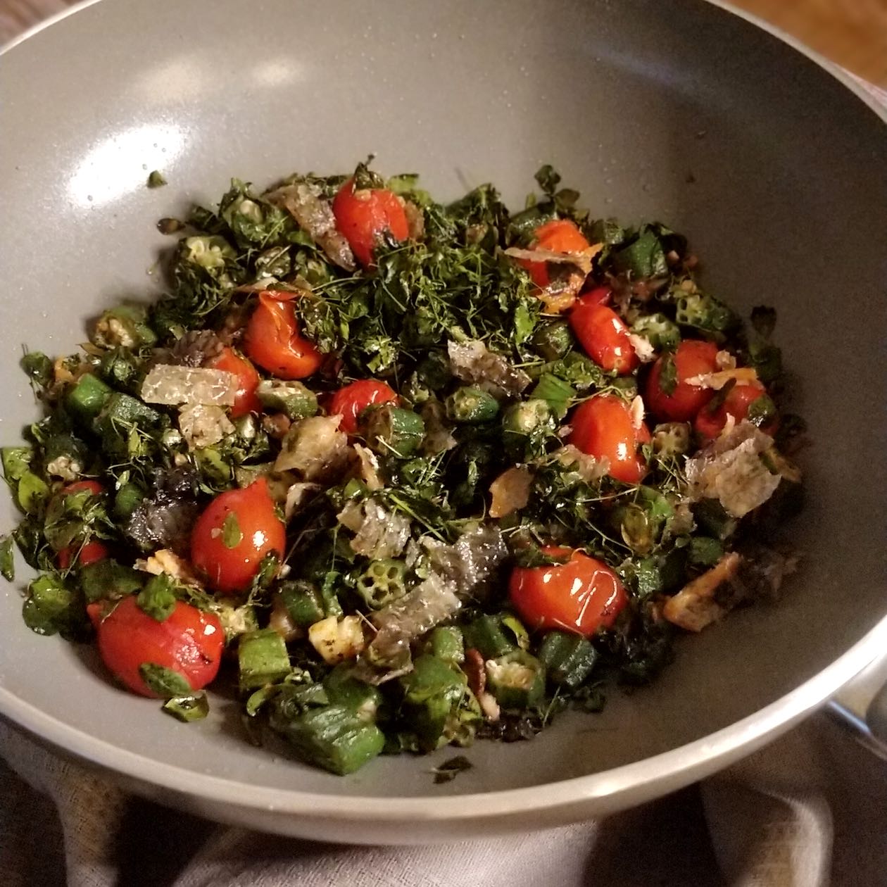 Sauteéd Okra, Moringa Leaves & Crunchy Salmon Skin Sundari Wellness & Healing